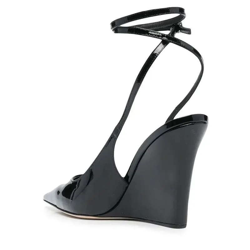 TAVIMART  -  Patent Leather Ankle Strap Pointed Toe Super High Heel Wedges Women Sandals Buckle Black Pumps Fashion Sexy Western Ladies Shoes