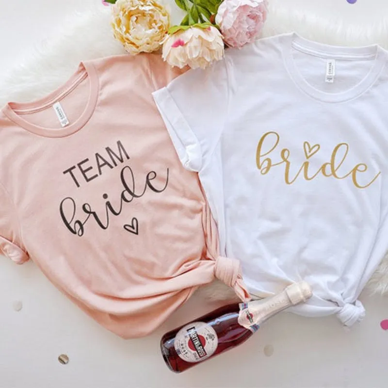 Team Bride-Wedding T-Shirts-Bridesmaid and Bride in Pink and White