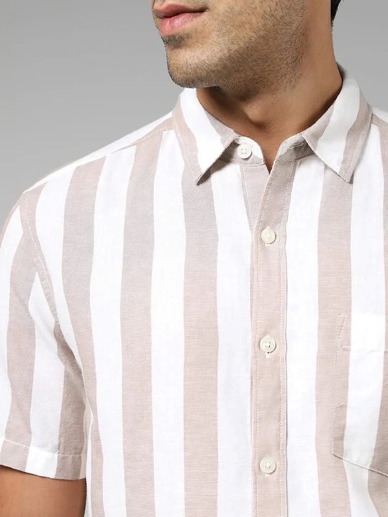 WES Casuals Beige Striped Slim-Fit Blended Linen Shirt