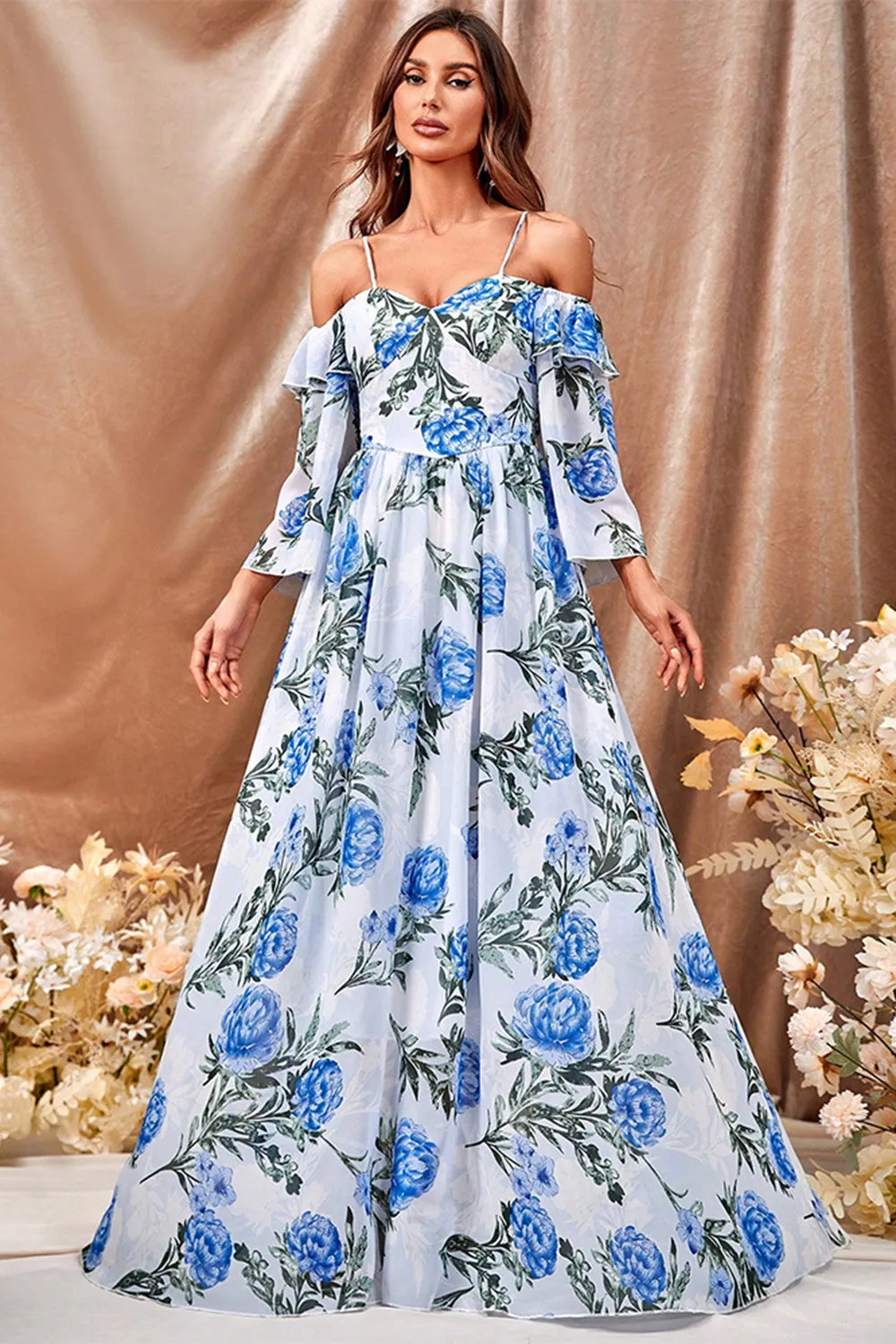 White Blue Flower A Line Maxi Dress with Ruffled Sleeves