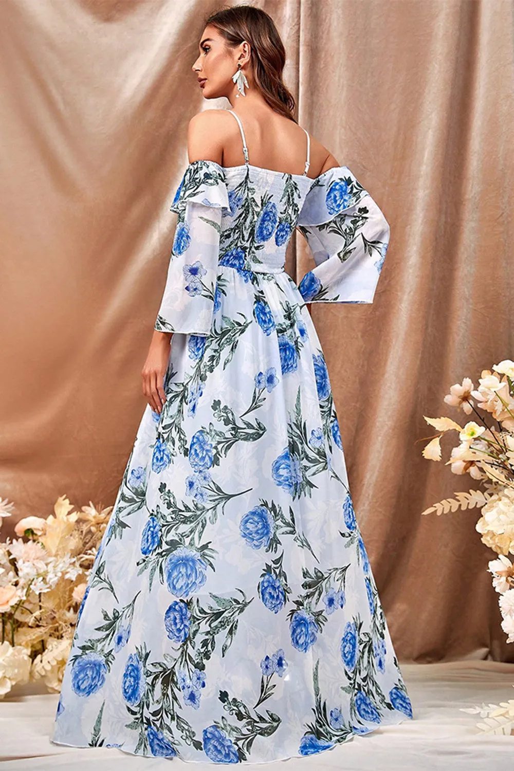 White Blue Flower A Line Maxi Dress with Ruffled Sleeves