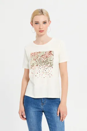 Women Cream Embellished T-Shirt