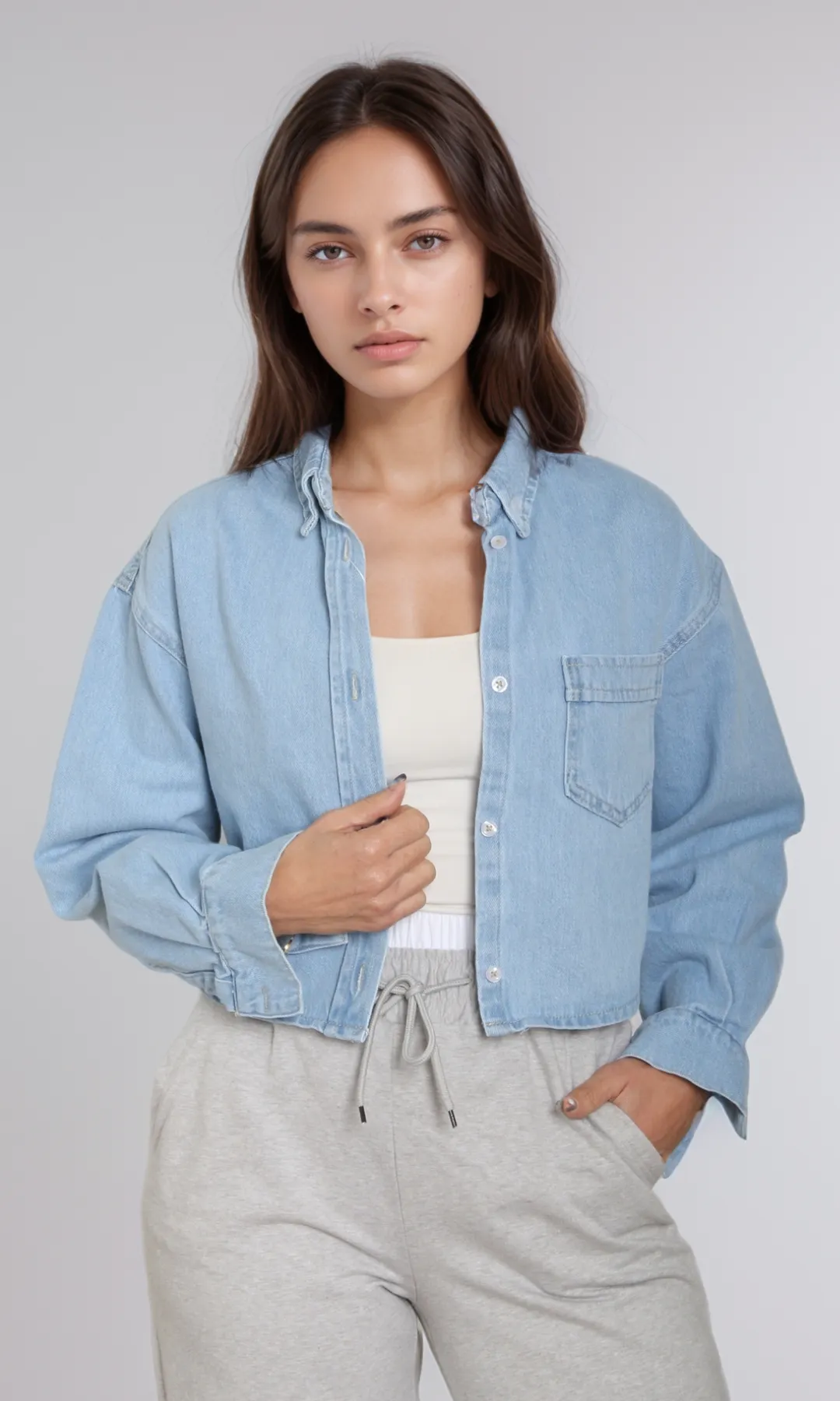 Women Cropped Jean Shirt (Blue)