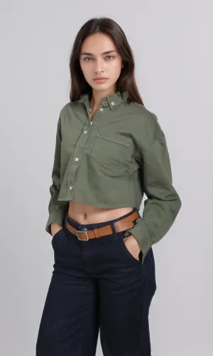 Women Cropped Jean Shirt (Oil Green)