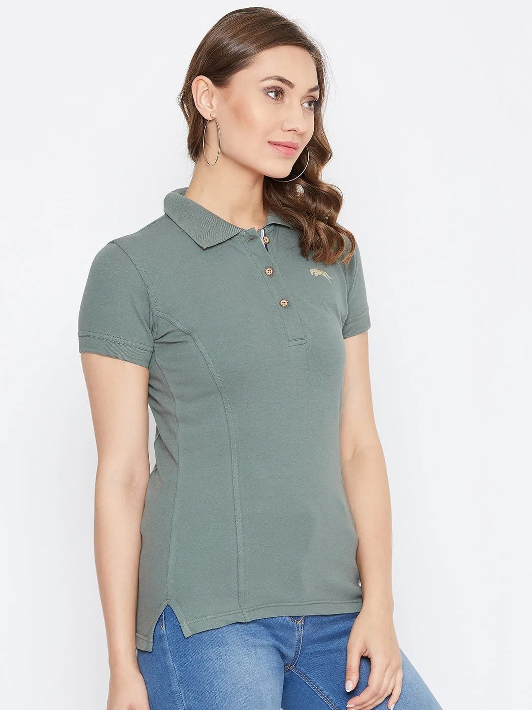 Women Grey Solid Polo Neck T-shirt