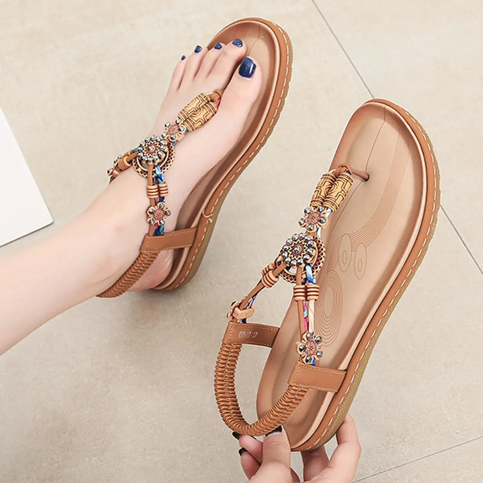 Women Wedges Bohemian Summer Flower Non-Slip Beach Sandals with Elastic Band