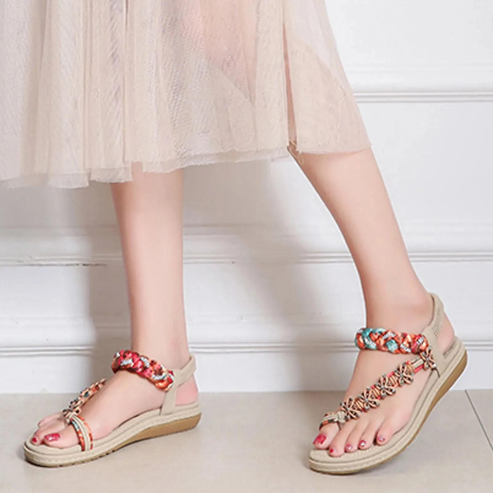 Women Wedges Bohemian Summer Flower Non-Slip Beach Sandals with Elastic Band