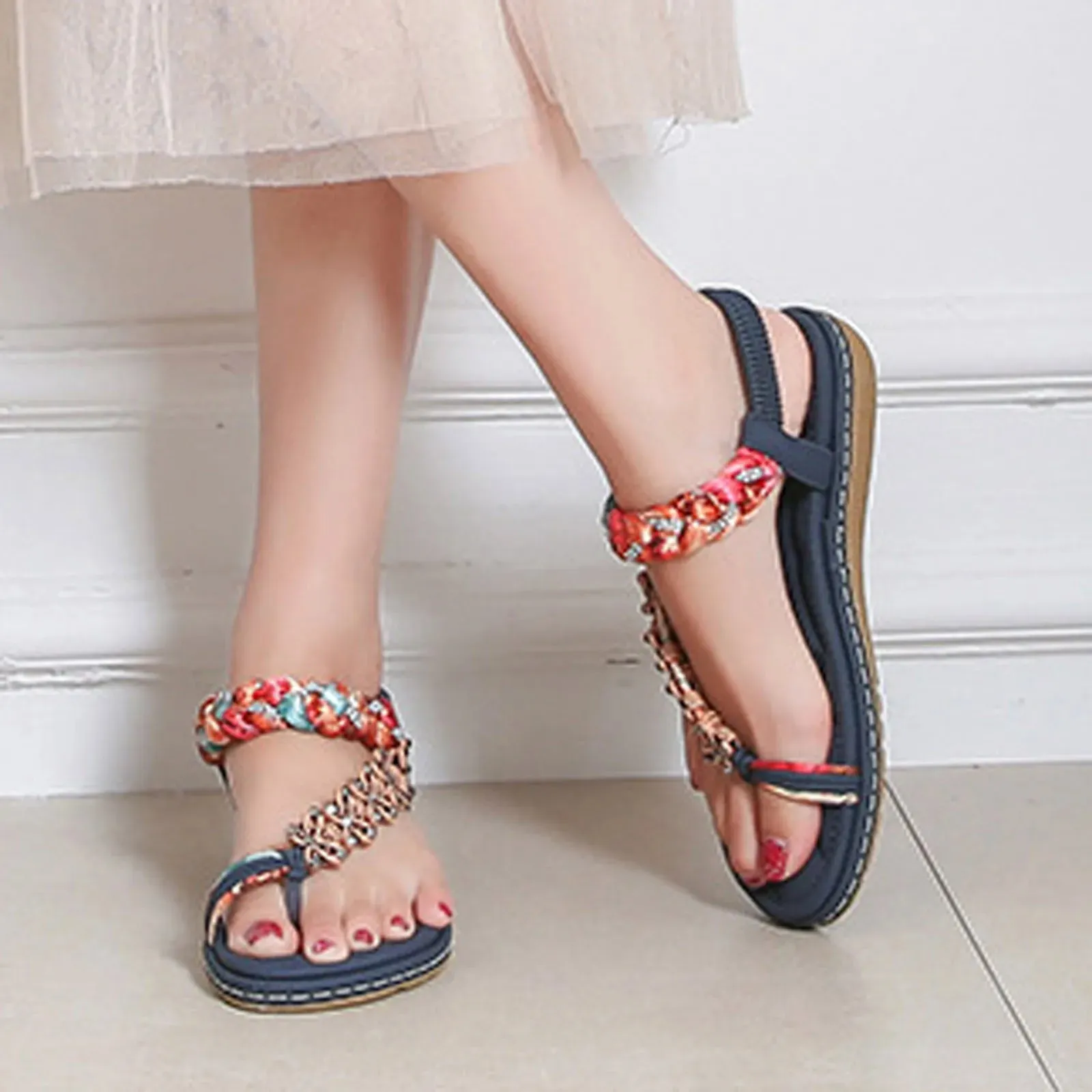 Women Wedges Bohemian Summer Flower Non-Slip Beach Sandals with Elastic Band