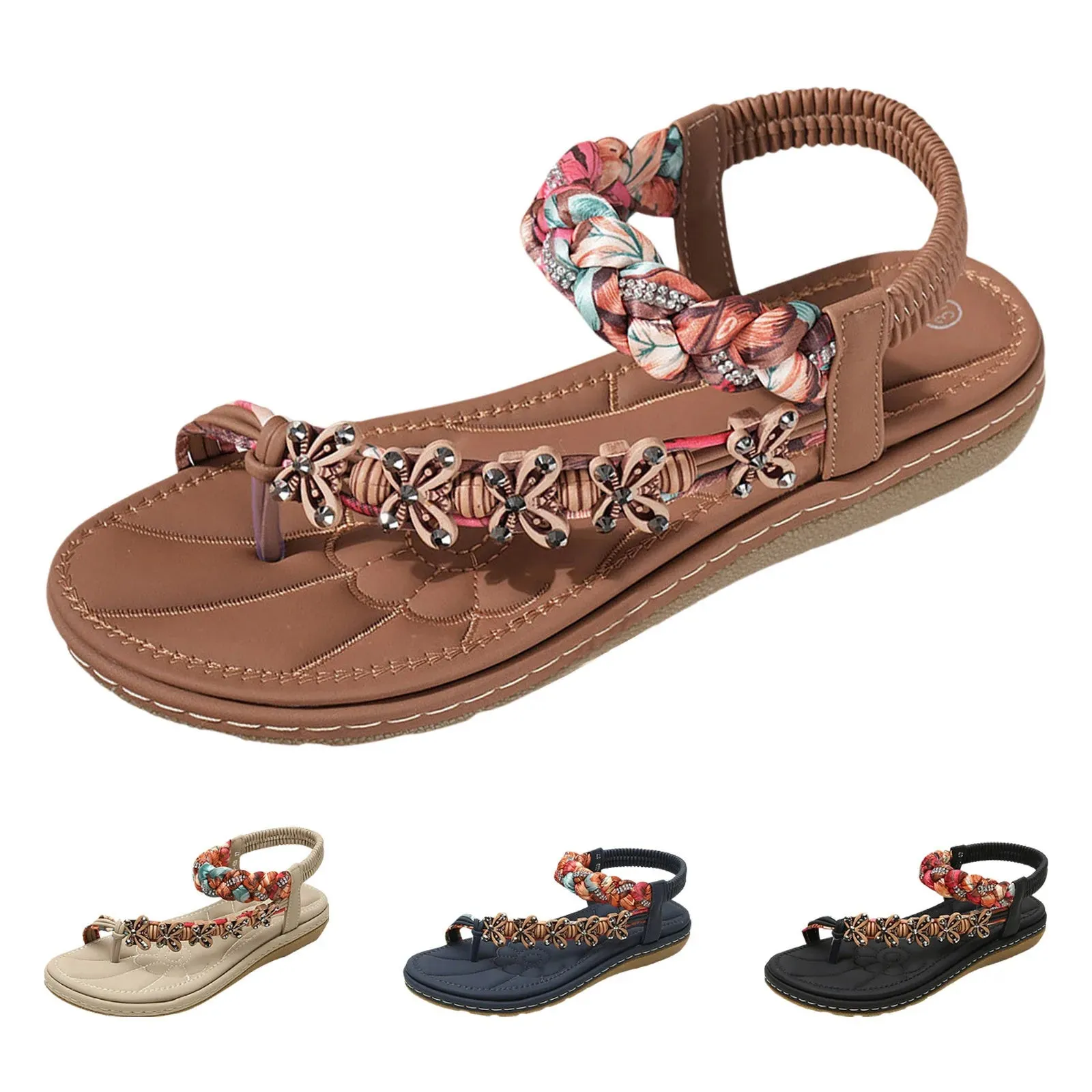 Women Wedges Bohemian Summer Flower Non-Slip Beach Sandals with Elastic Band