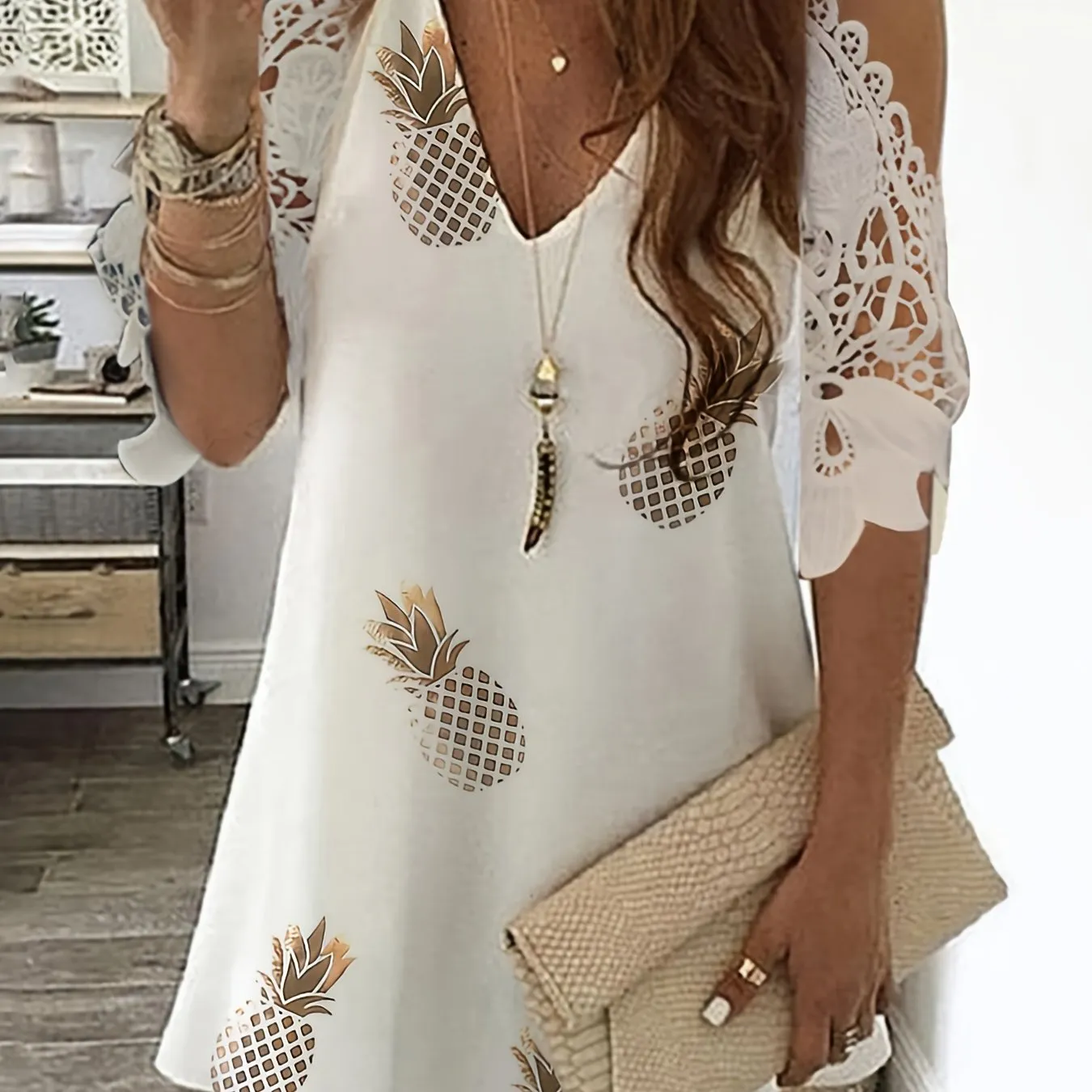 Women's Dresses  V-neck Contrast Lace Bohemian Dresses