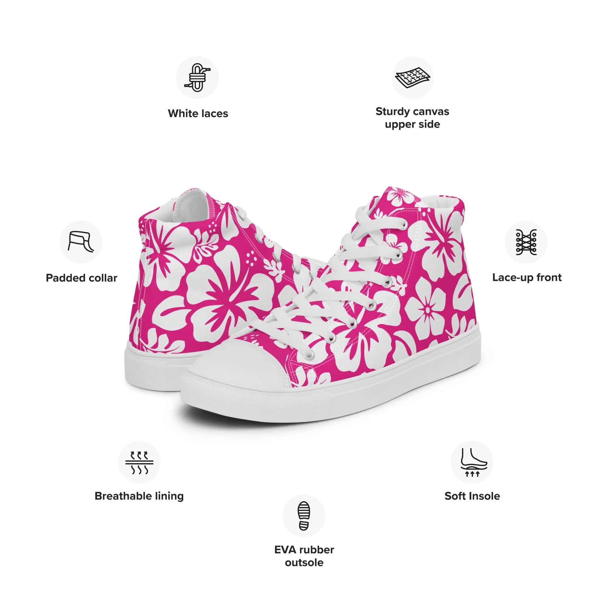 Women's Hot Pink and White Hawaiian Print High Top Canvas Shoes