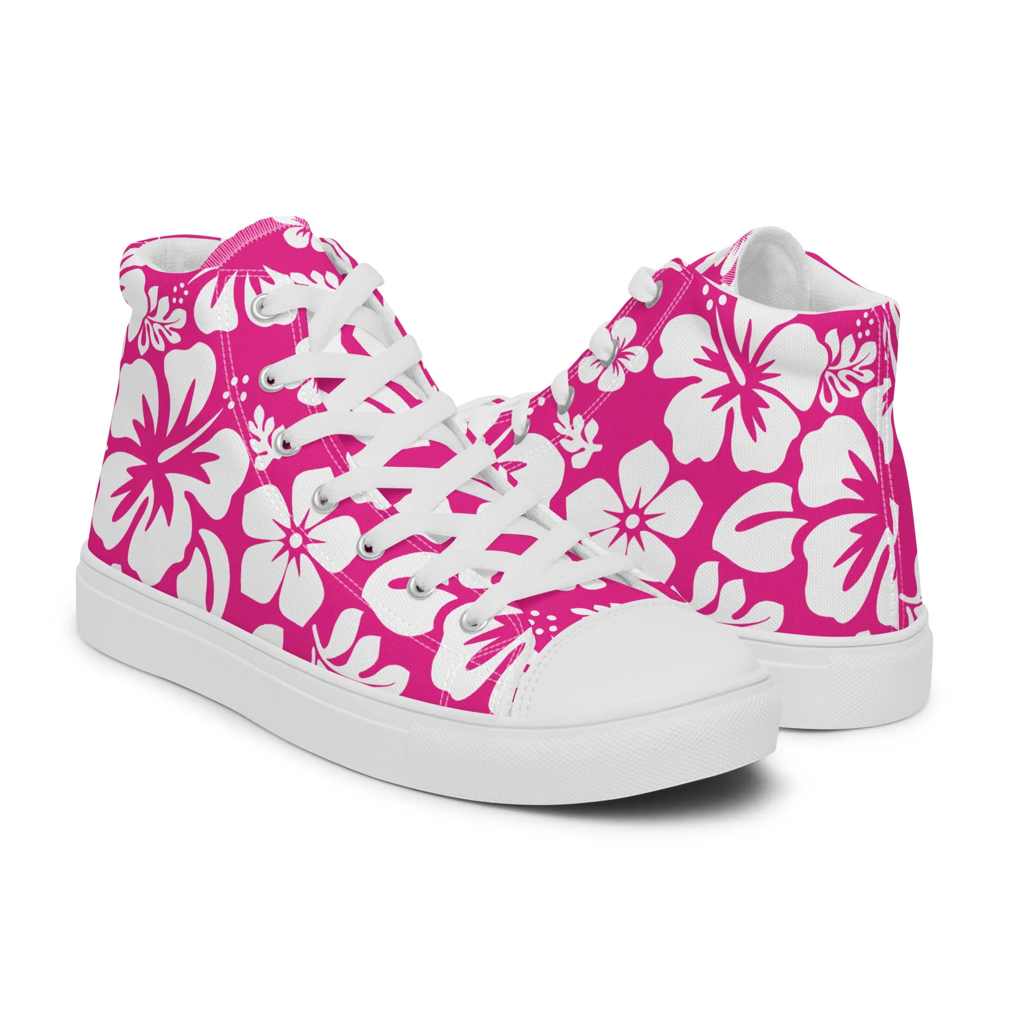 Women's Hot Pink and White Hawaiian Print High Top Canvas Shoes