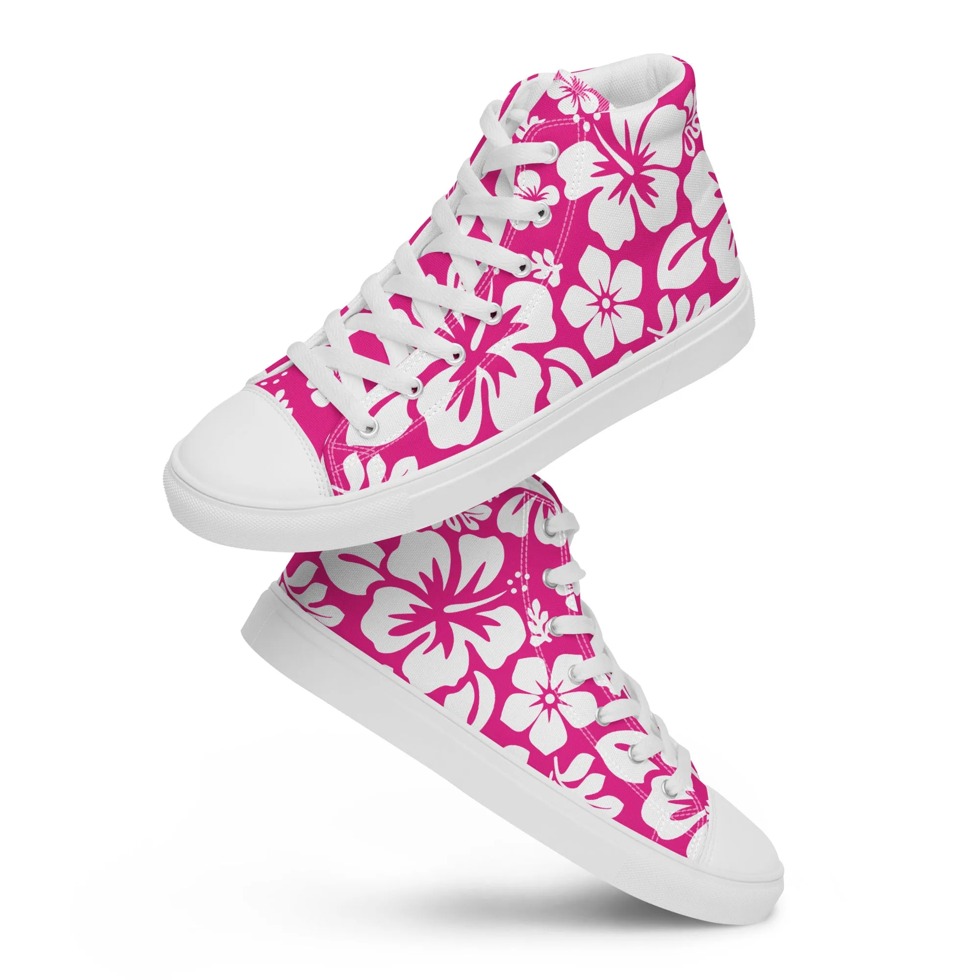 Women's Hot Pink and White Hawaiian Print High Top Canvas Shoes