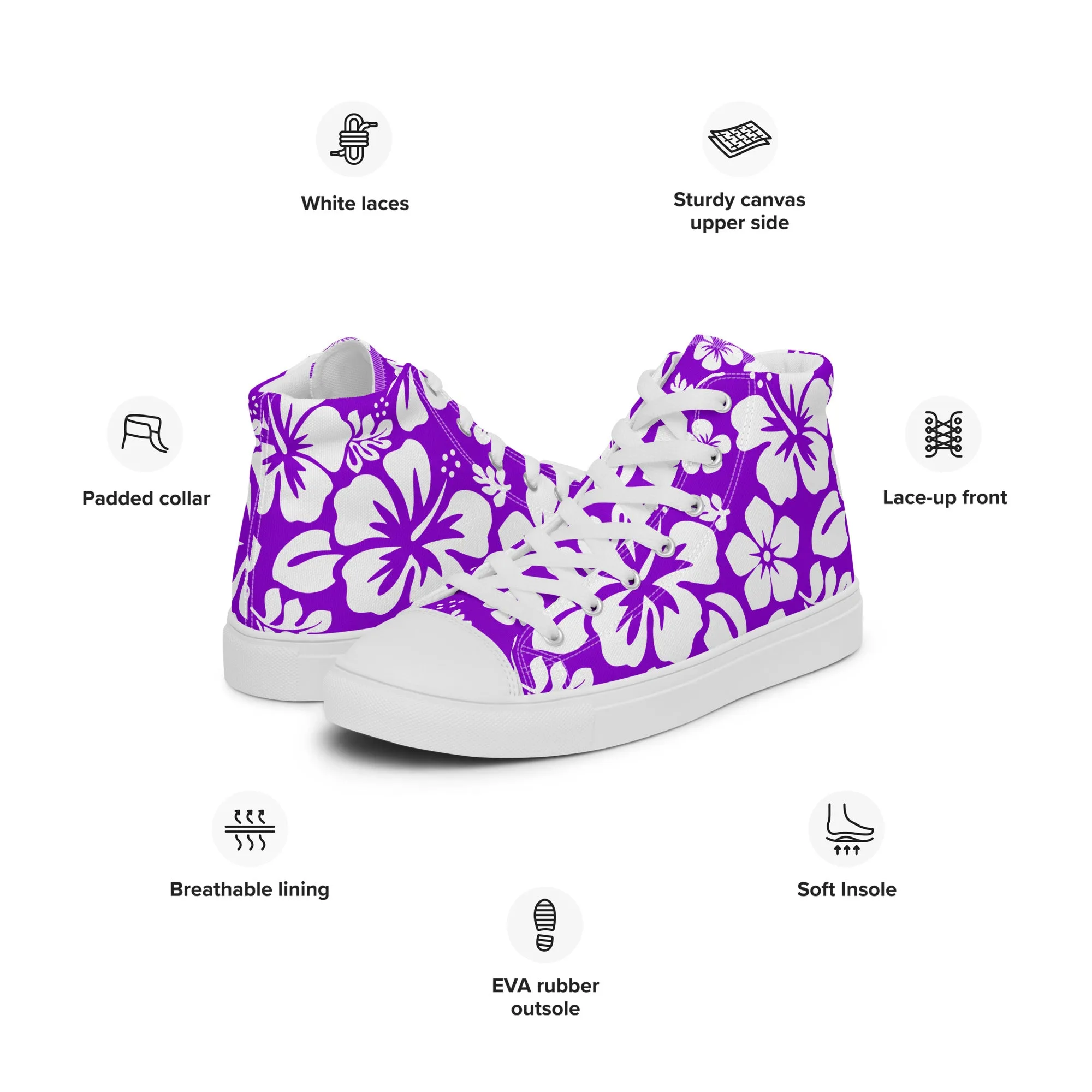 Women's Purple and White Hawaiian Print High Top Canvas Shoes