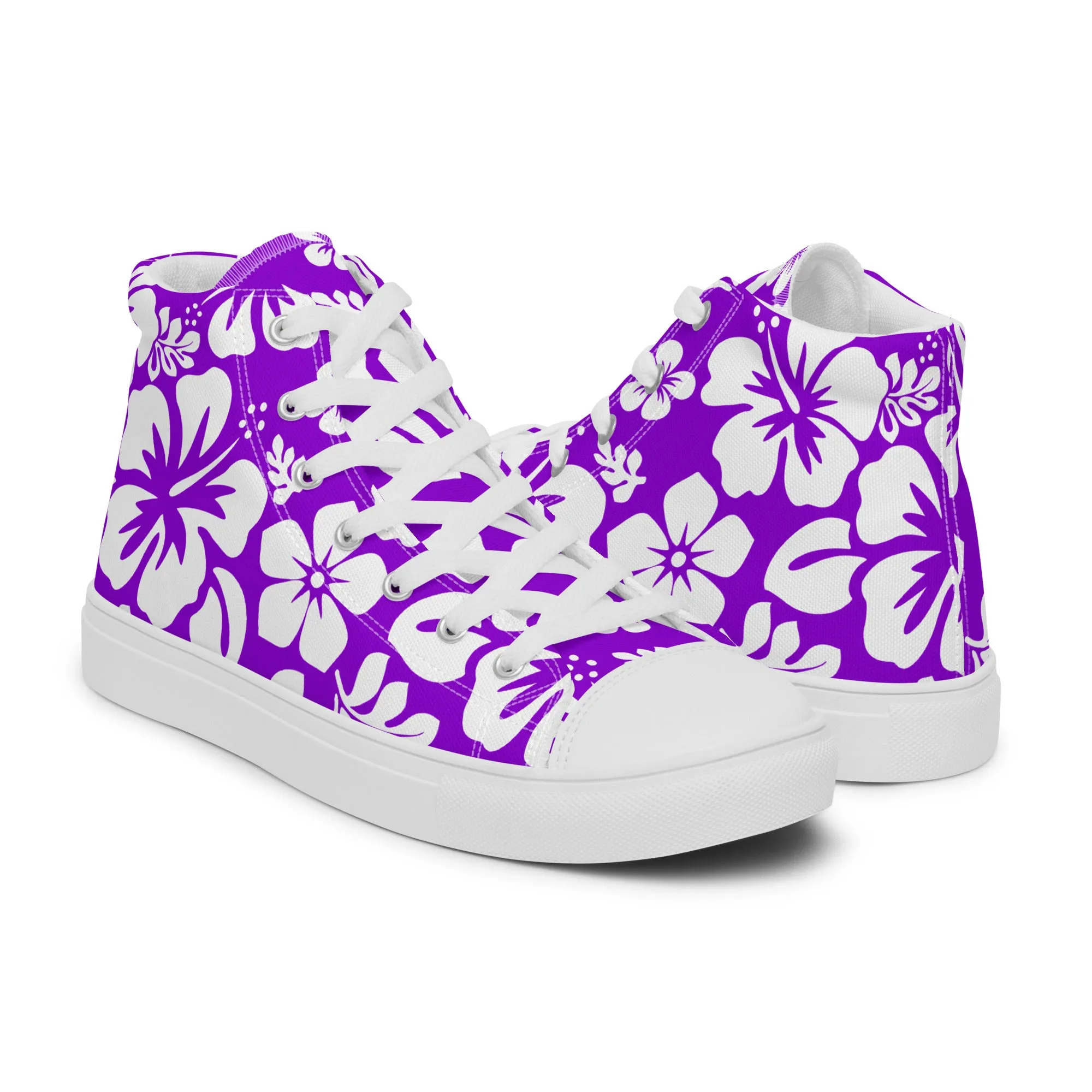 Women's Purple and White Hawaiian Print High Top Canvas Shoes