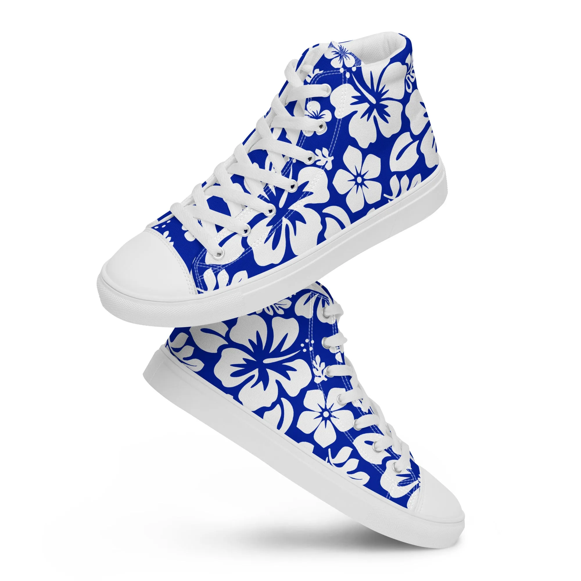 Women's Royal Blue and White Hawaiian Print High Top Canvas Shoes