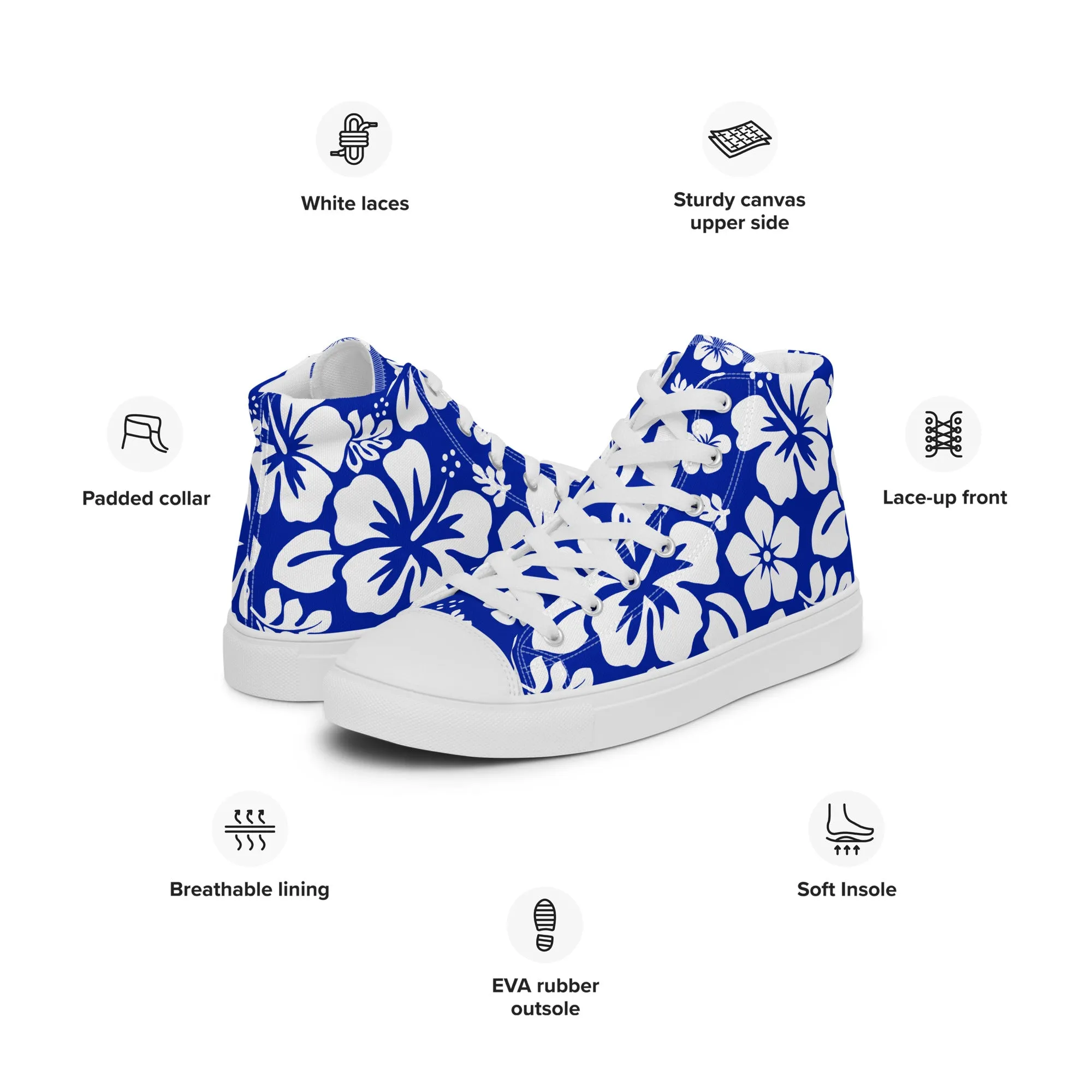 Women's Royal Blue and White Hawaiian Print High Top Canvas Shoes