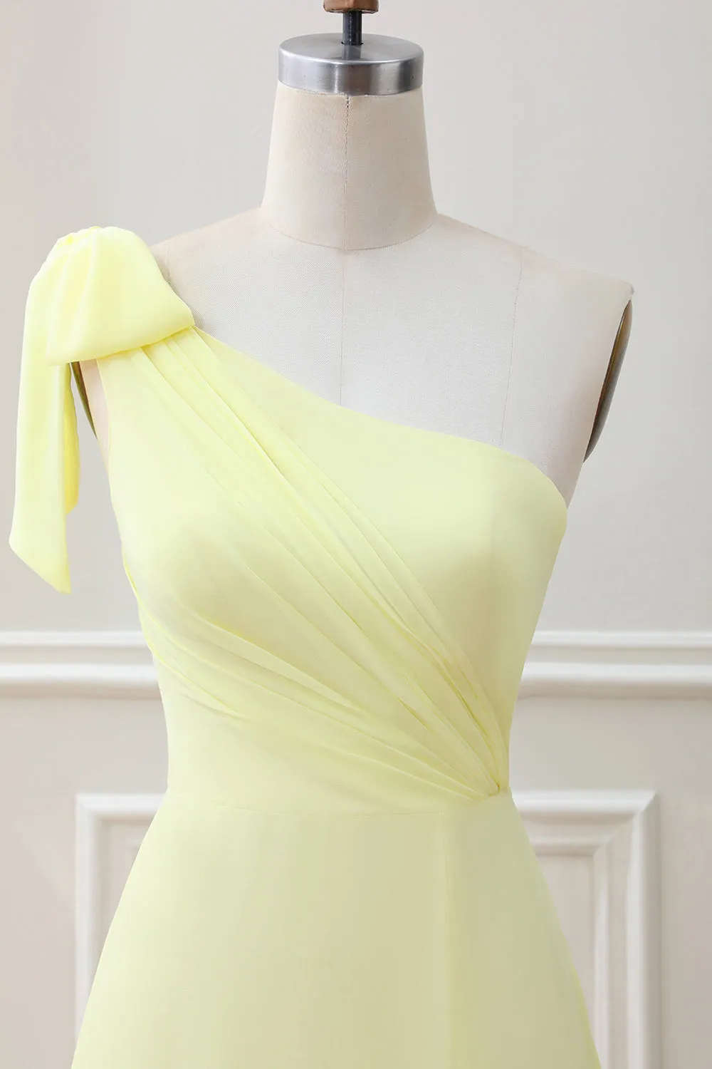 Yellow A Line One Shoulder Maxi Dress with Slit