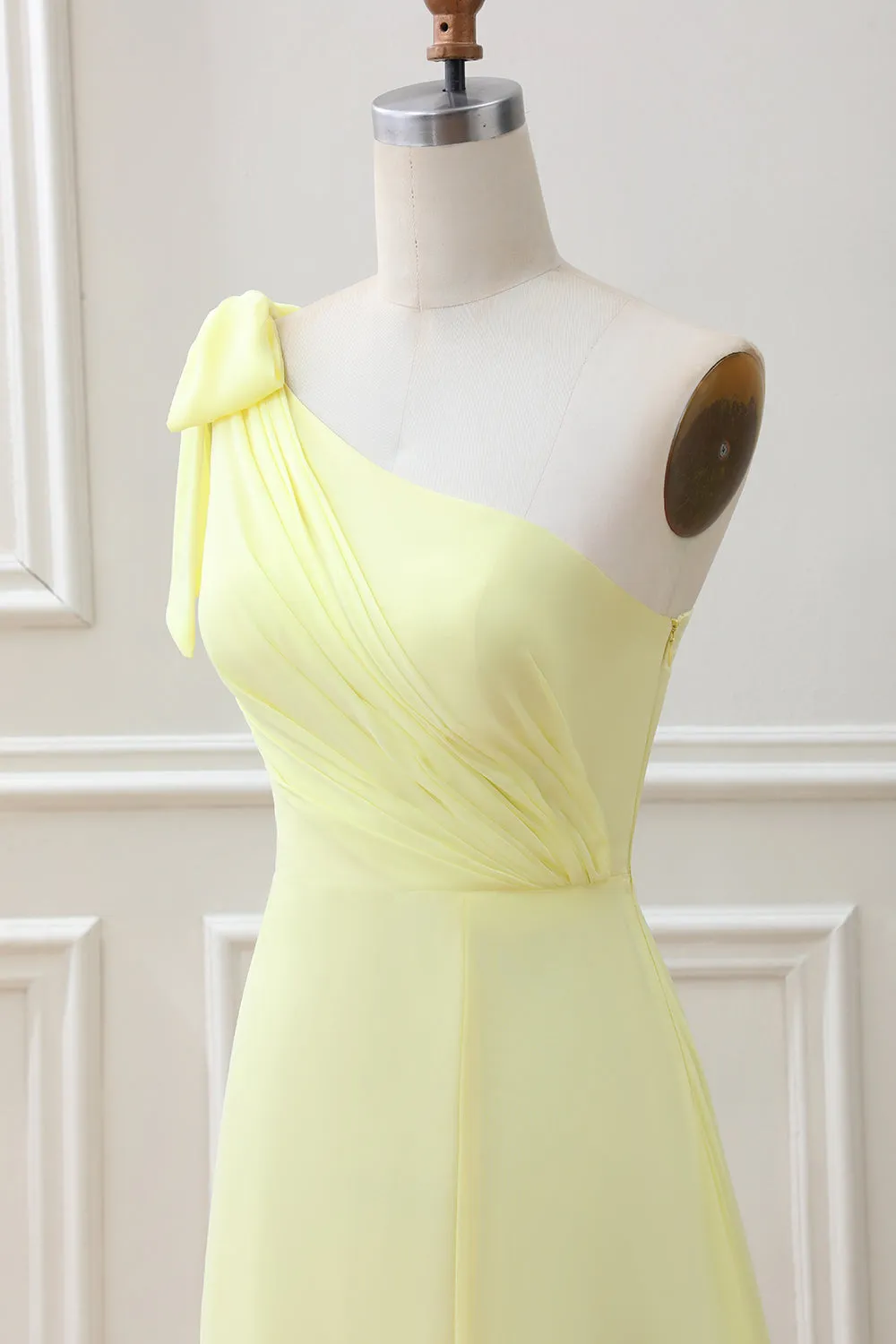 Yellow A Line One Shoulder Maxi Dress with Slit